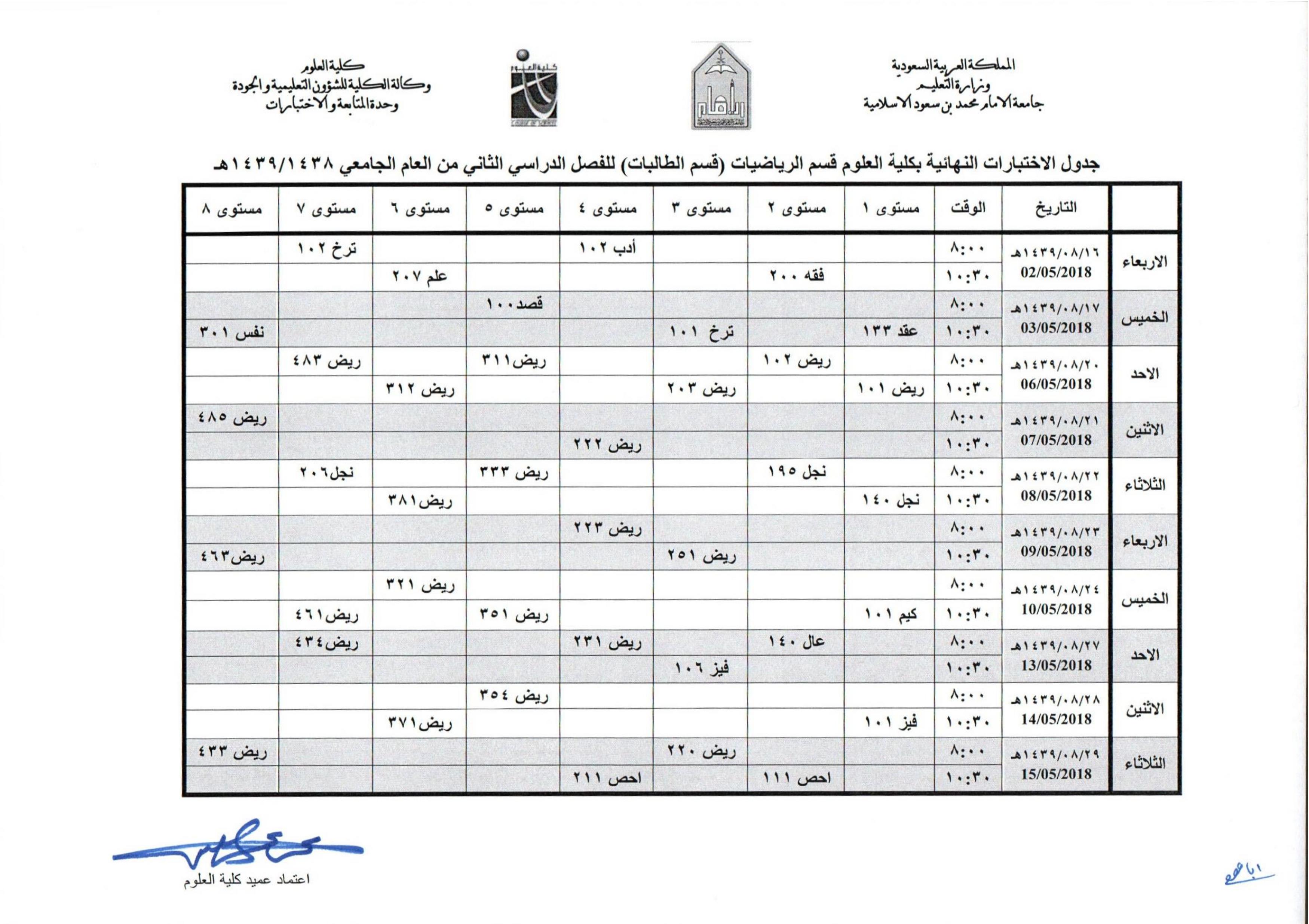 جدول اختبارات جامعة الامام