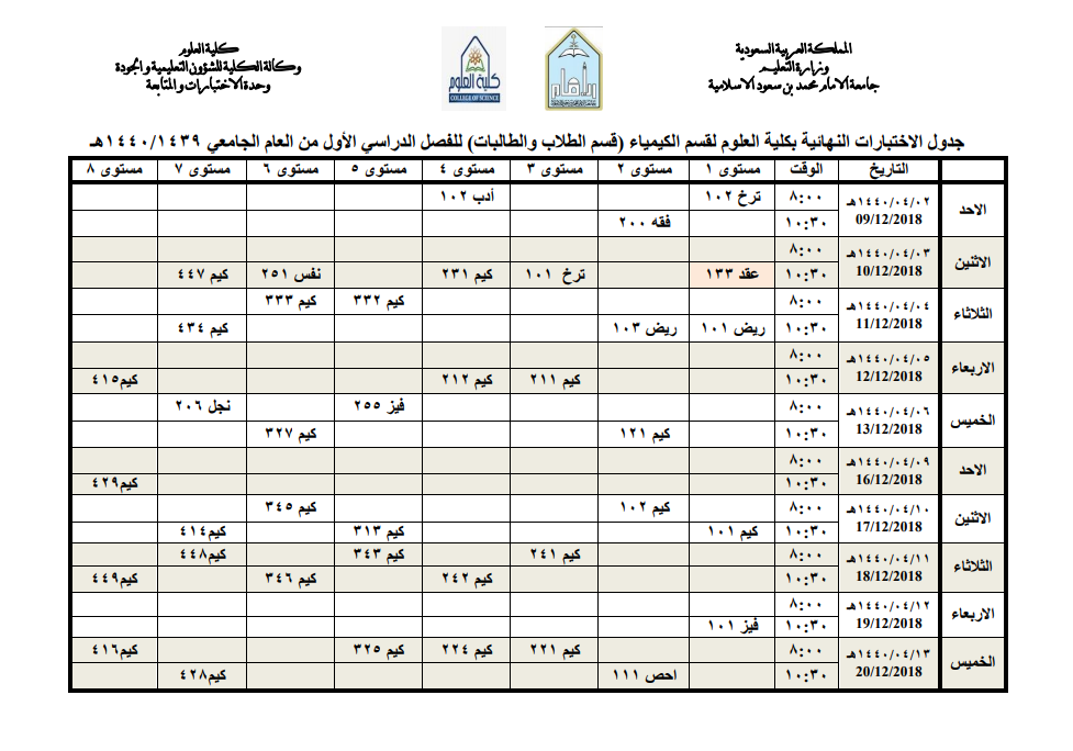 جدول الاختبارات النهائية للفصل الدراسي الاول من العام الجامعي 1439 1440
